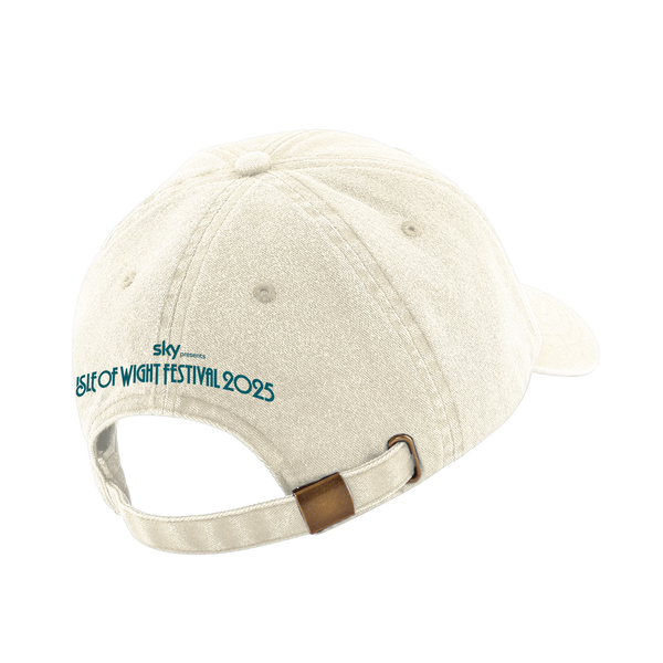 The Isle of Wight Festival 2025 Cap Vintage Sand by 2025 features embroidered teal text on the back reading SKY PRESENTS ISLE OF WIGHT FESTIVAL 2025 above an adjustable strap with a metal buckle—ideal for festival style.