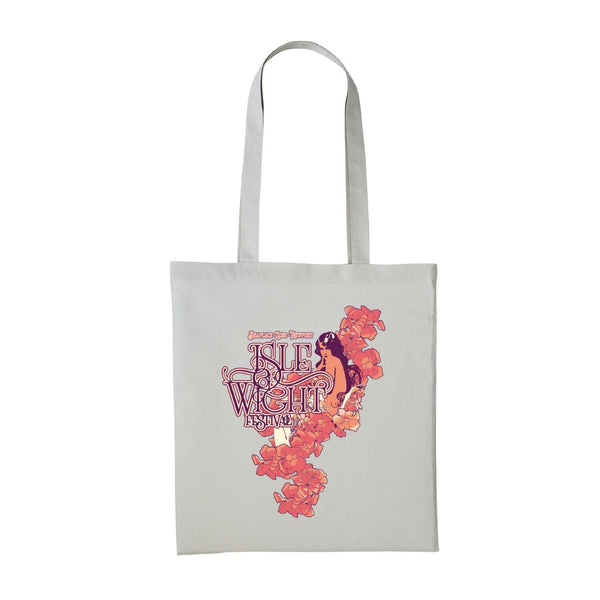 The Isle of Wight Vintage Tote Bag Pastel Grey by Historic features long handles, a colorful retro graphic, and Isle of Wight Festival 1970 text—ideal for music lovers and festival fans.