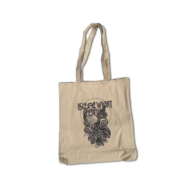 The Isle of Wight Festival 2025 Peacock Tote Bag by 2025 is a beige tote with long handles, a black graphic design, and “Isle of Wight Festival 2025” on the front, plus artistic patterns—perfect for stylishly carrying your essentials.