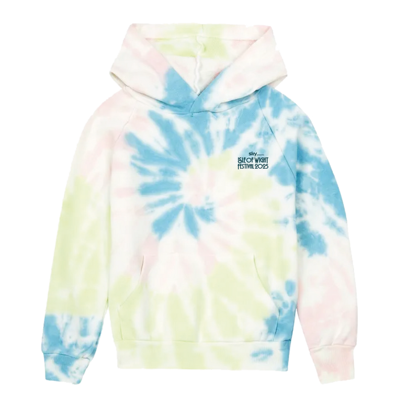 The Isle of Wight Festival 2025 Event Kids Hoodie Tie Dye by 2025 features pastel blue, green, and pink colors with a front pocket and SWEET WORT FESTIVAL 2023 on the chest—ideal for young festival fans!.