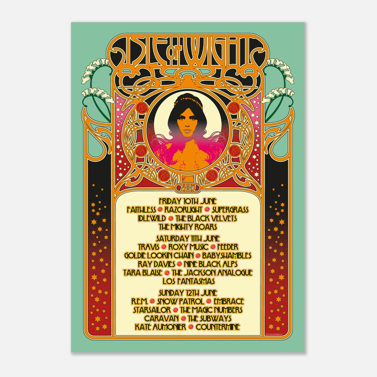 The 2005 Line Up Poster A2 from Download Festival Shop is a semi-glossy Art Nouveau-style print showing a stylized woman amid ornate patterns, with REM, Faithless, and Razorlight listed on a turquoise background.