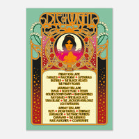 The 2005 Line Up Poster A2 from Download Festival Shop is a semi-glossy Art Nouveau-style print showing a stylized woman amid ornate patterns, with REM, Faithless, and Razorlight listed on a turquoise background.