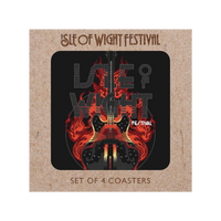 The Isle of Wight Festival 2025 Coasters by 2025 feature an electric guitar with flames on black and Isle of Wight Festival text. Perfect for festival fans, this set of 4 comes in branded Isle of Wight Festival 2025 packaging.