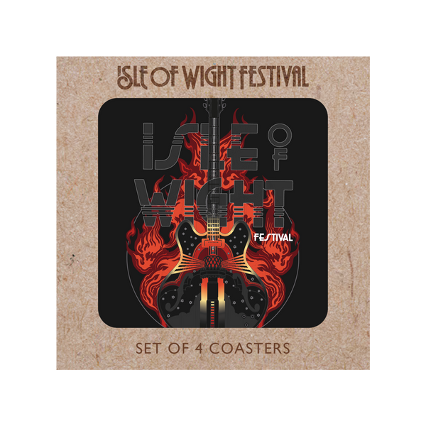 The Isle of Wight Festival 2025 Coasters by 2025 feature an electric guitar with flames on black and Isle of Wight Festival text. Perfect for festival fans, this set of 4 comes in branded Isle of Wight Festival 2025 packaging.