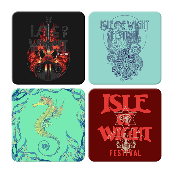 Isle of Wight Festival 2025 Coasters by 2025 feature four designs—flaming guitar, peacock, seahorse with seaweed, and bold eye text—making them perfect gifts for festival fans.