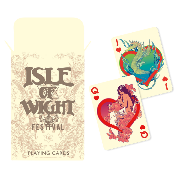 A decorative box labeled Isle of Wight Festival 2025 Playing Cards from 2025 is displayed beside two cards: the ace of hearts with a dragon and globe, and the queen of hearts showing a woman with flowers.