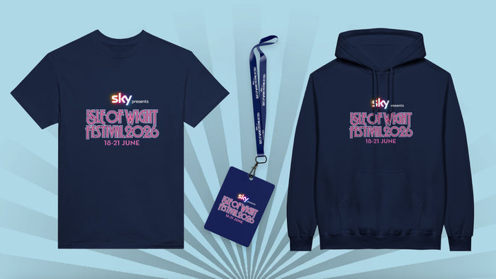 Navy blue Isle of Wight Festival 2024 merchandise: a T-shirt, lanyard with pass, and hoodie, each featuring pink and white festival text and dates on a light blue background.