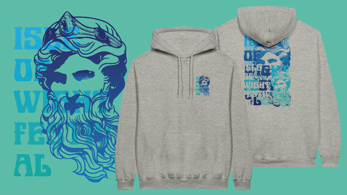 Gray hoodie with a blue graphic of a bearded man wearing a crown. Text beside and behind the graphic reads IS OW FEA AL in bold blue letters.