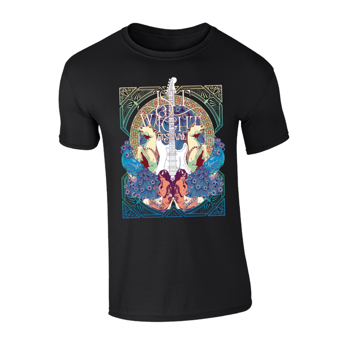 Introducing the 2024 Historic 25th Anniversary T-Shirt: a black tee with a vibrant, ornate design—guitar, peacocks, women, florals—and “Soul Wealth Festival” in stylized lettering.