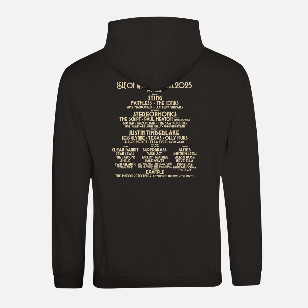Isle of Wight Festival 2025 Event Pullover Black Hoodie featuring the festival lineup printed on the back in cream lettering.