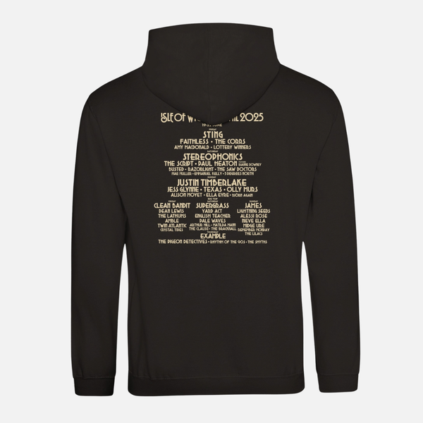 Isle of Wight Festival 2025 Event Pullover Black Hoodie featuring the festival lineup printed on the back in cream lettering.