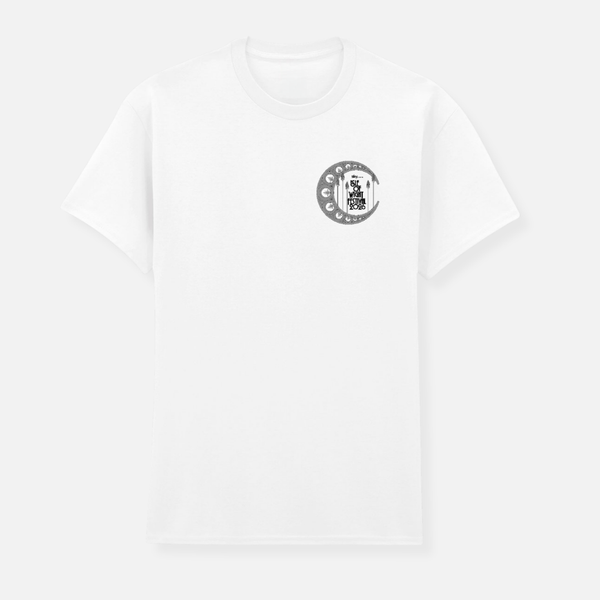 White 2026 Grey Scale Art T Shirt featuring a small black-and-white circular graphic on the left chest depicting lunar phases and text that reads Isle of Wight Festival 2026.