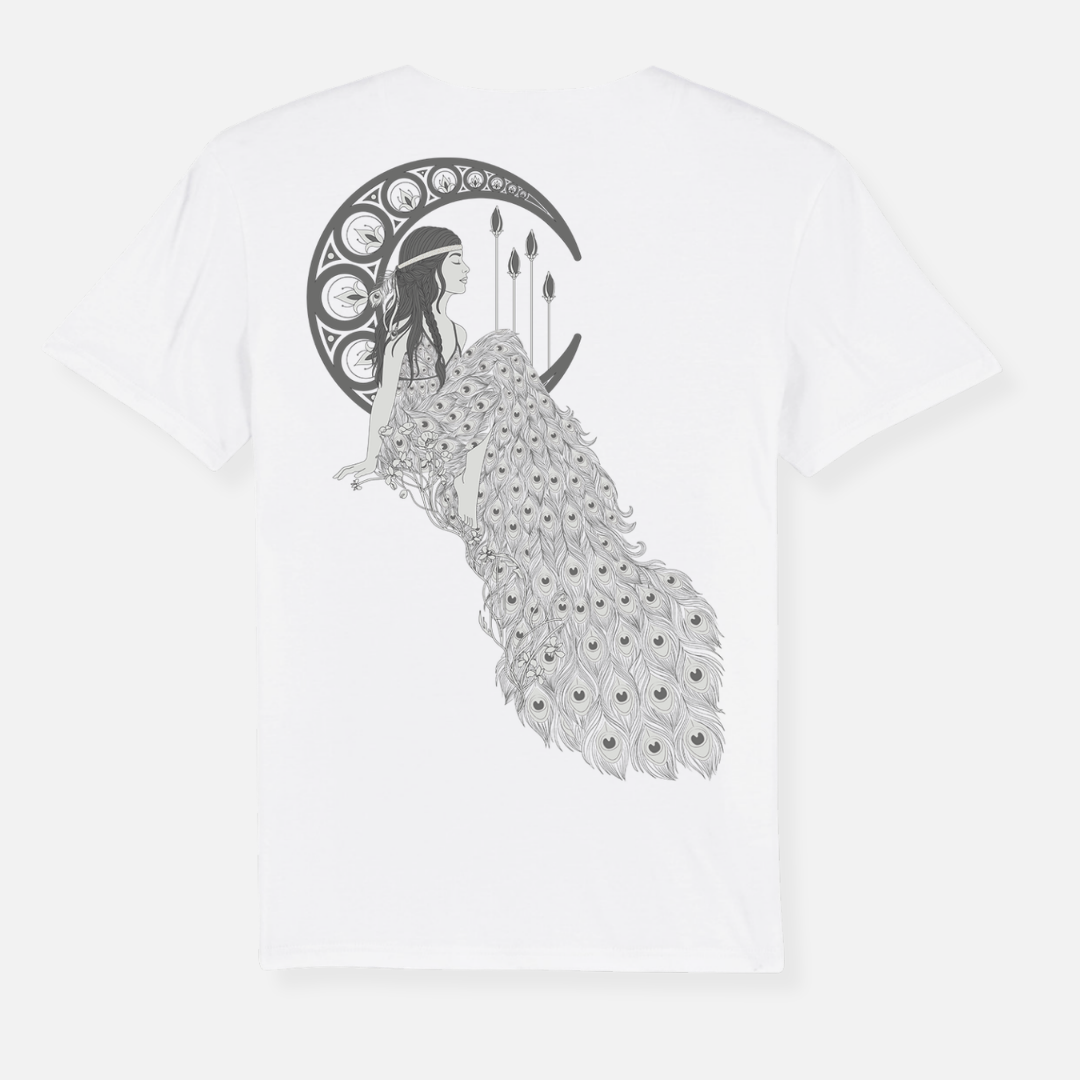 White 2026 Grey Scale Art T Shirt featuring a line drawing of a woman sitting on a crescent moon, wearing a long dress with a peacock feather pattern.