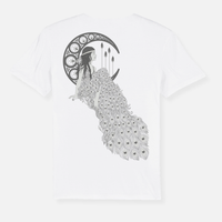 White 2026 Grey Scale Art T Shirt featuring a line drawing of a woman sitting on a crescent moon, wearing a long dress with a peacock feather pattern.