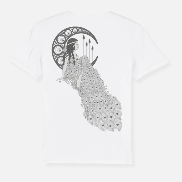 White 2026 Grey Scale Art T Shirt featuring a line drawing of a woman sitting on a crescent moon, wearing a long dress with a peacock feather pattern.