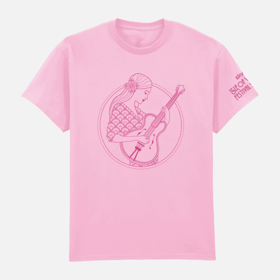 Pink Isle of Wight Festival 2025 T-Shirt featuring a circular graphic of a woman playing an acoustic guitar and festival branding on the sleeve.
