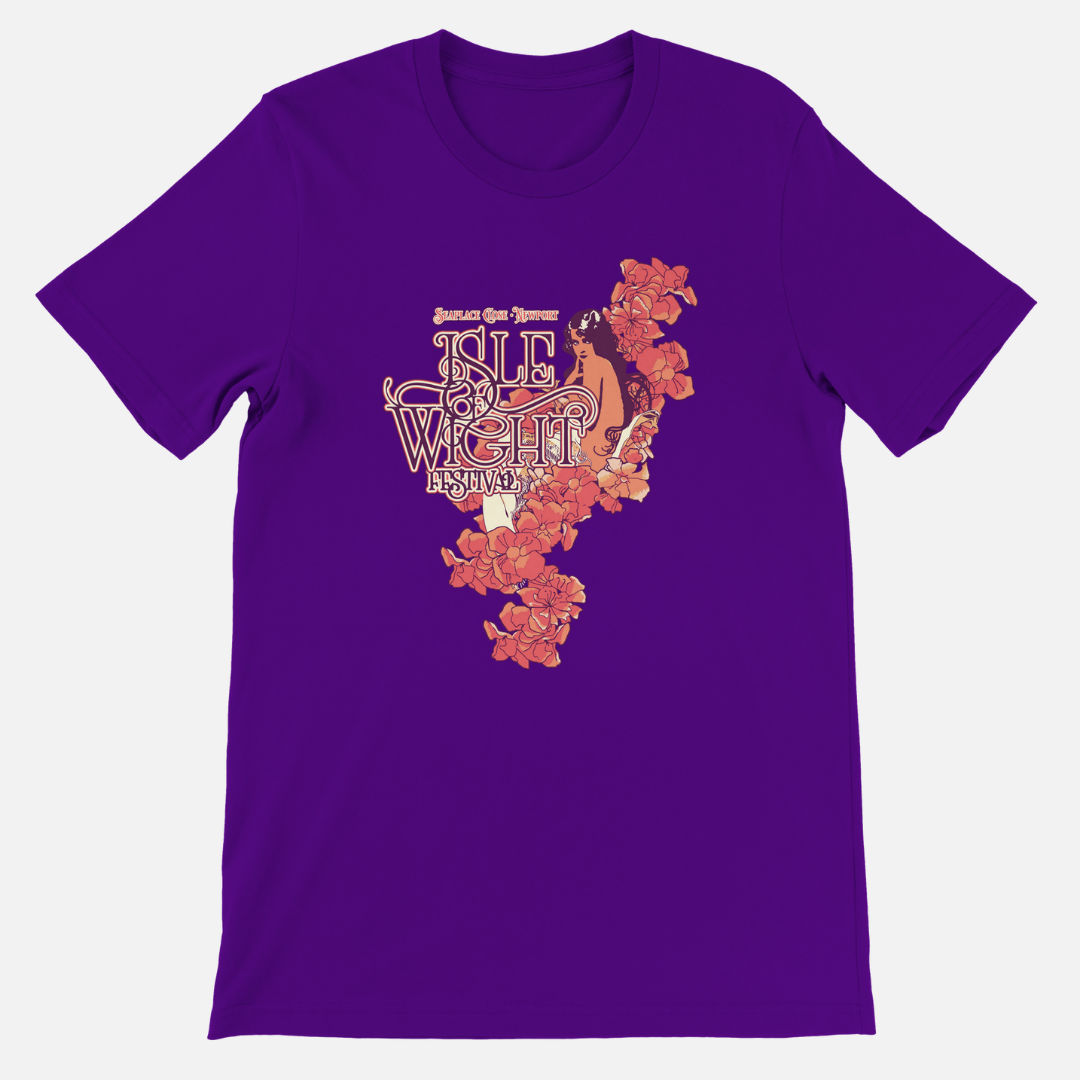 IOW Historic Muse T-Shirt Purple, a unisex Airlume cotton tee featuring a graphic illustration of a woman surrounded by orange flowers and the text Isle of Wight Festival.