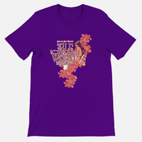 IOW Historic Muse T-Shirt Purple, a unisex Airlume cotton tee featuring a graphic illustration of a woman surrounded by orange flowers and the text Isle of Wight Festival.
