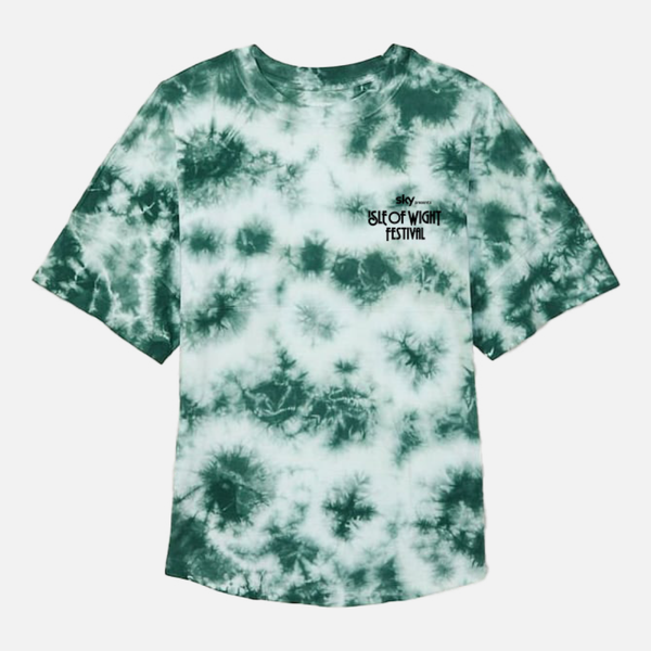 Green and white tie-dye 2026 Mono Tie Dye Logo Line Up T Shirt Kids featuring a black Isle of Wight Festival logo on the upper left chest.