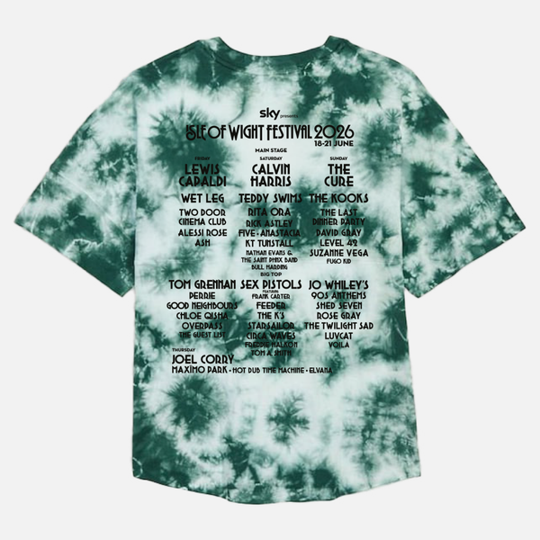 Green and white tie-dye 2026 Mono Tie Dye Logo Line Up T Shirt Kids featuring a printed Isle of Wight Festival 2026 music lineup on the back.