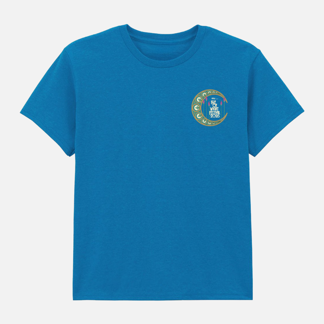 2026 Event Kids Sapphire Blue T Shirt with a crescent moon logo on the chest featuring the text Isle of Wight Festival 2026.