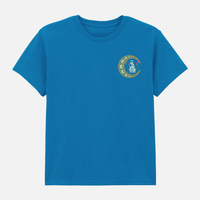 2026 Event Kids Sapphire Blue T Shirt with a crescent moon logo on the chest featuring the text Isle of Wight Festival 2026.