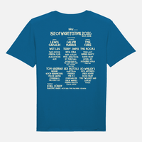 Sapphire blue 2026 Event Kids Sapphire Blue T Shirt featuring the Isle of Wight Festival 2026 event schedule and artist lineup printed on the back.