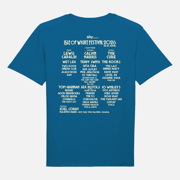 Sapphire blue 2026 Event Kids Sapphire Blue T Shirt featuring the Isle of Wight Festival 2026 event schedule and artist lineup printed on the back.