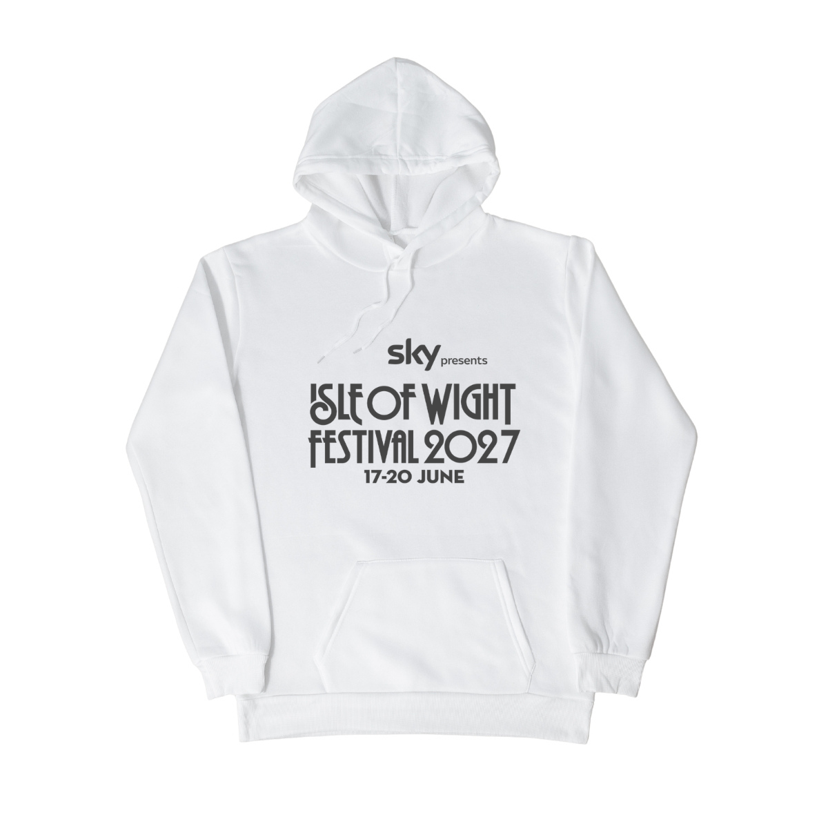 The Isle Of Wight Festival Shop’s PRE-ORDER 2027 Line-Up Hoodie features black "Sky presents ISLE OF WIGHT FESTIVAL 2027 17-20 JUNE" text on the chest. Displayed against a plain white background.