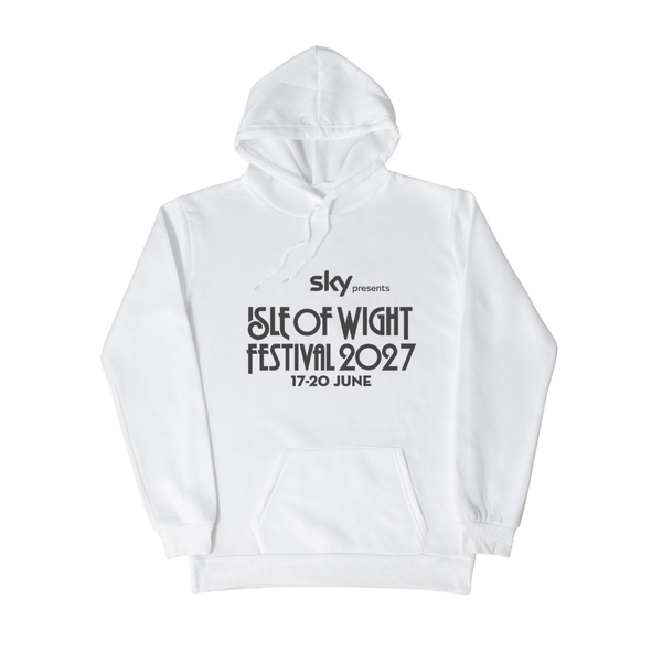 The Isle Of Wight Festival Shop’s PRE-ORDER 2027 Line-Up Hoodie features black "Sky presents ISLE OF WIGHT FESTIVAL 2027 17-20 JUNE" text on the chest. Displayed against a plain white background.