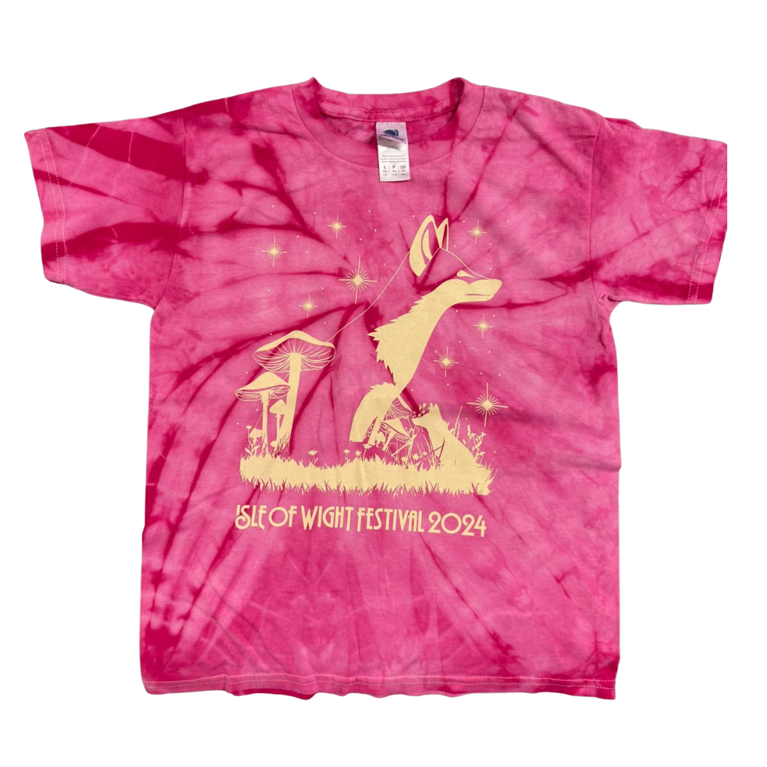 The Historic Isle of Wight Kids Pink Tie Dye T-Shirt features a yellow fox, two mushrooms, grass, sparkles, and “ISLE OF WIGHT FESTIVAL 2024” at the bottom.
