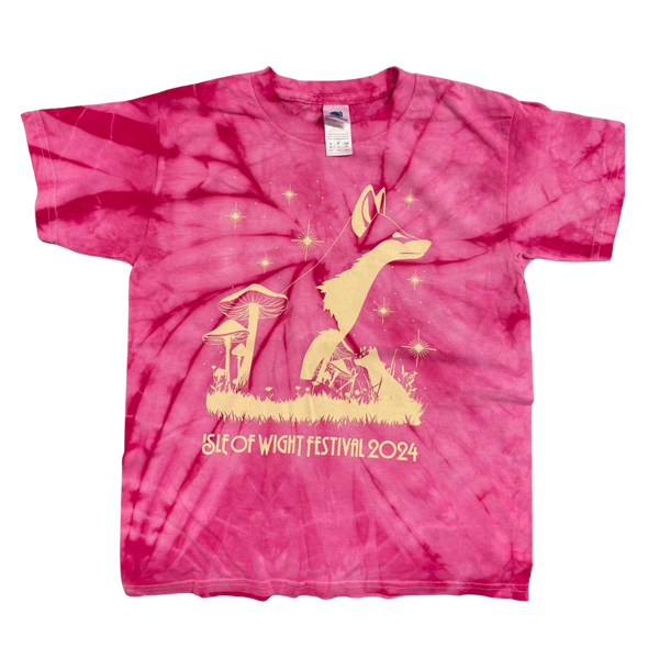 The Historic Isle of Wight Kids Pink Tie Dye T-Shirt features a yellow fox, two mushrooms, grass, sparkles, and “ISLE OF WIGHT FESTIVAL 2024” at the bottom.