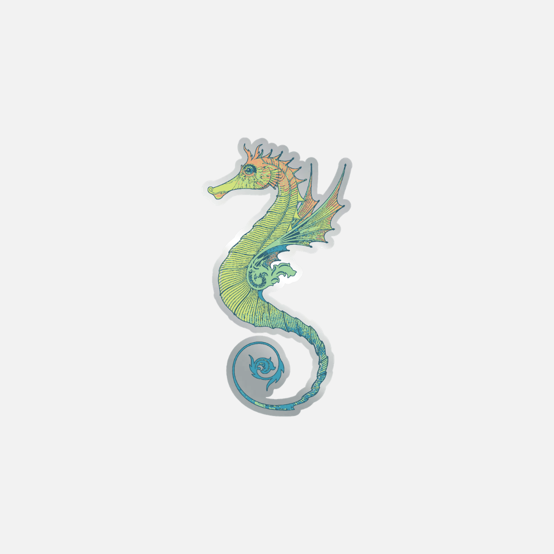 Isle of Wight Festival 2025 Seahorse Pin Badge shaped like a seahorse with a gradient of green, yellow, and blue.