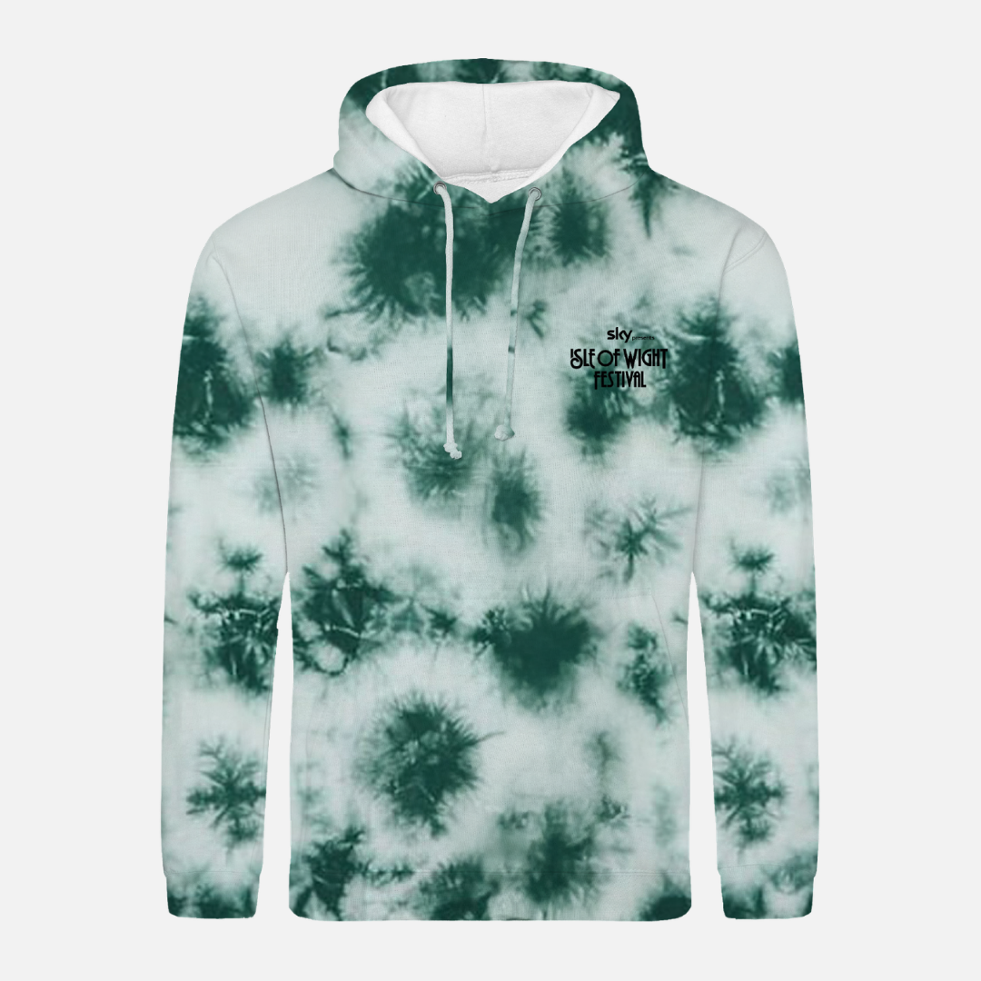Green and white tie-dye 2026 Peacock Tie Dye Line Up Hoody Kids featuring a small Isle of Wight Festival logo on the chest.