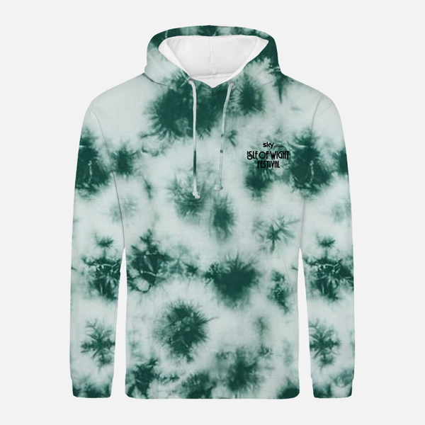 Green and white tie-dye 2026 Peacock Tie Dye Line Up Hoody Kids featuring a small Isle of Wight Festival logo on the chest.