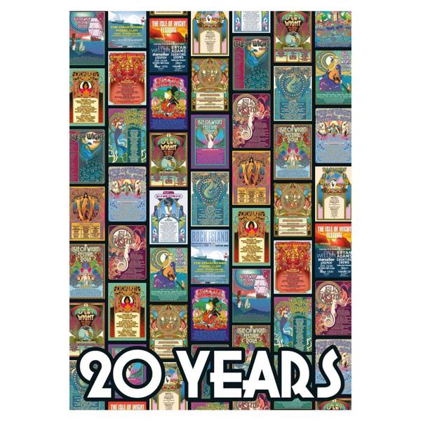 Collage of colorful concert posters with '20 Years' text at the bottom.