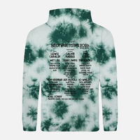 Green and white tie-dye 2026 Peacock Tie Dye Line Up Hoody Kids featuring the 2026 music lineup printed on the back.