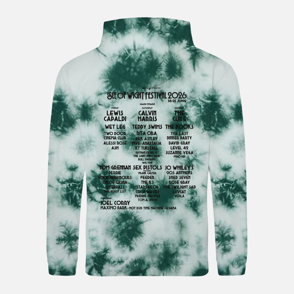 Green and white tie-dye 2026 Peacock Tie Dye Line Up Hoody Kids featuring the 2026 music lineup printed on the back.