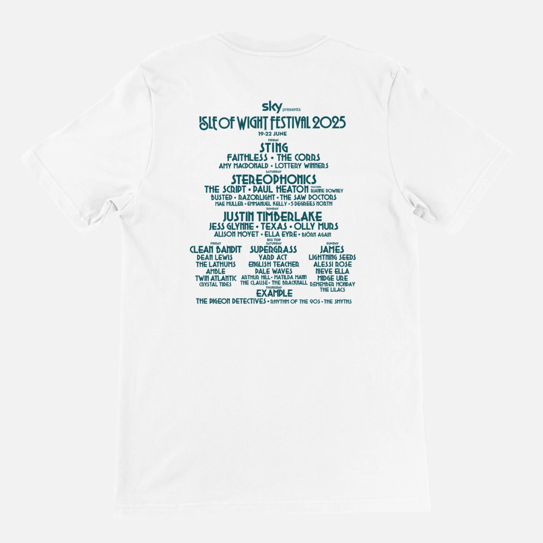White Isle of Wight Festival 2025 Event Crewneck T-shirt made from Airlume cotton with a blue list of performers for the 2025 festival printed on the back.