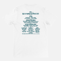 White Isle of Wight Festival 2025 Event Crewneck T-shirt made from Airlume cotton with a blue list of performers for the 2025 festival printed on the back.