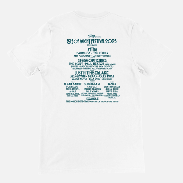 White Isle of Wight Festival 2025 Event Crewneck T-shirt made from Airlume cotton with a blue list of performers for the 2025 festival printed on the back.