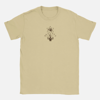Tan, 100% ring-spun cotton Renaissance Ritual T-shirt with a crew neck, featuring a small chest graphic of an eye inside a star above a burning oil lamp.