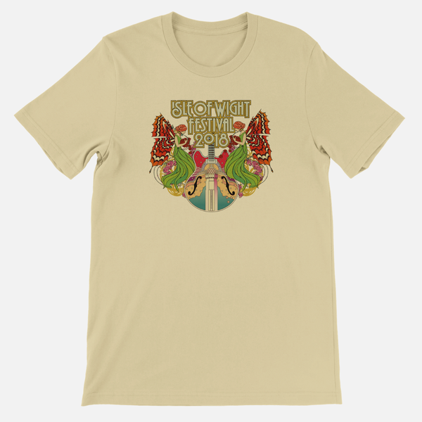 Natural IOW Historic 2018 Anniversary T-Shirt featuring two women with butterfly wings flanking a guitar and the text Isle of Wight Festival 2018.
