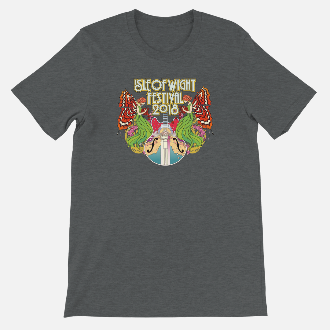 Eco-friendly grey IOW Historic 2018 Anniversary T-Shirt featuring two women with butterfly wings flanking a guitar and the text Isle of Wight Festival 2018.