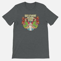 Eco-friendly grey IOW Historic 2018 Anniversary T-Shirt featuring two women with butterfly wings flanking a guitar and the text Isle of Wight Festival 2018.