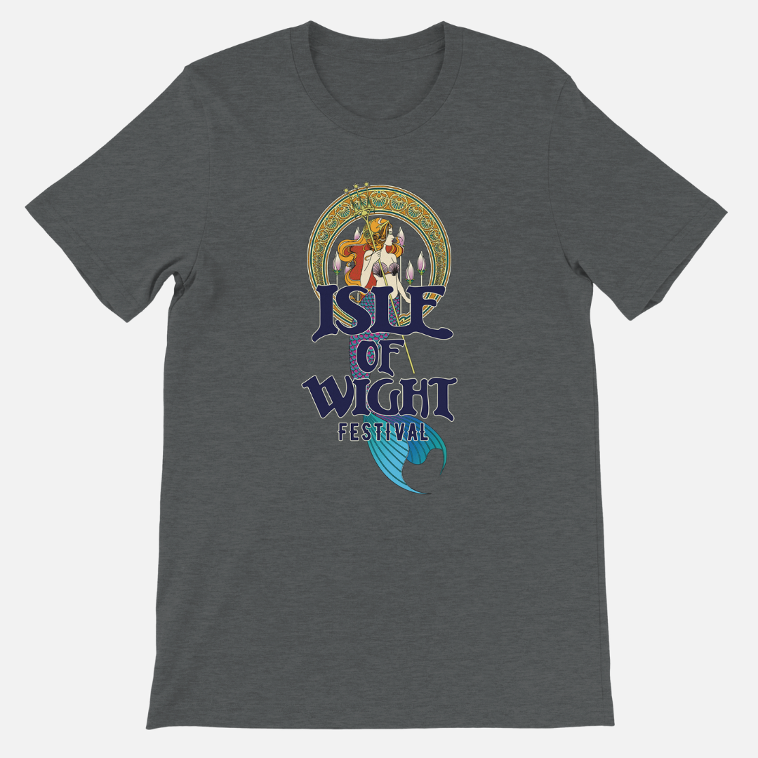 Grey IOW Historic Mermaid T-Shirt featuring an Art Nouveau-style illustration of a mermaid and the text Isle of Wight Festival.
