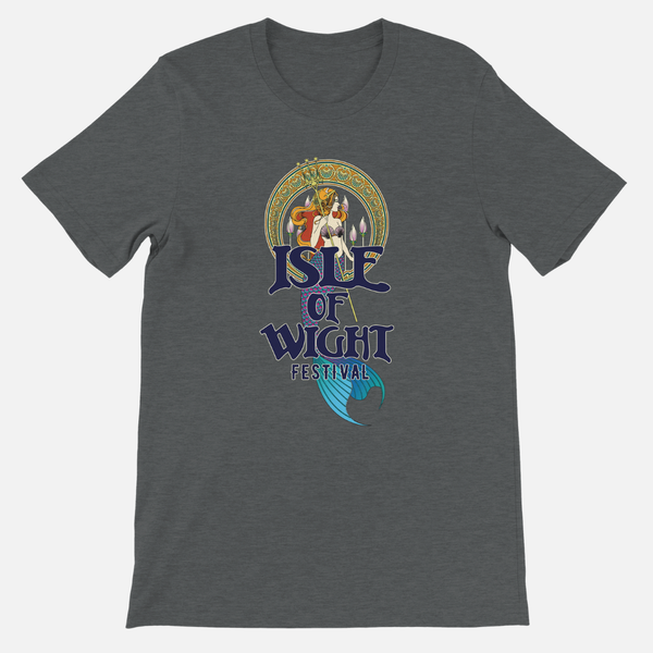 Grey IOW Historic Mermaid T-Shirt featuring an Art Nouveau-style illustration of a mermaid and the text Isle of Wight Festival.