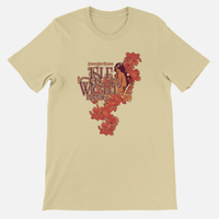 Beige, unisex tailored fit IOW Historic Muse T-Shirt featuring a vintage-style graphic of a woman surrounded by orange flowers and the text Isle of Wight Festival.