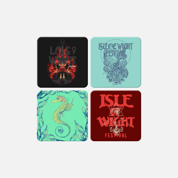 Four square Isle of Wight Festival 2025 coasters featuring various festival-themed art: a guitar with flames, a peacock, a seahorse, and a graphic design with an eye symbol.
