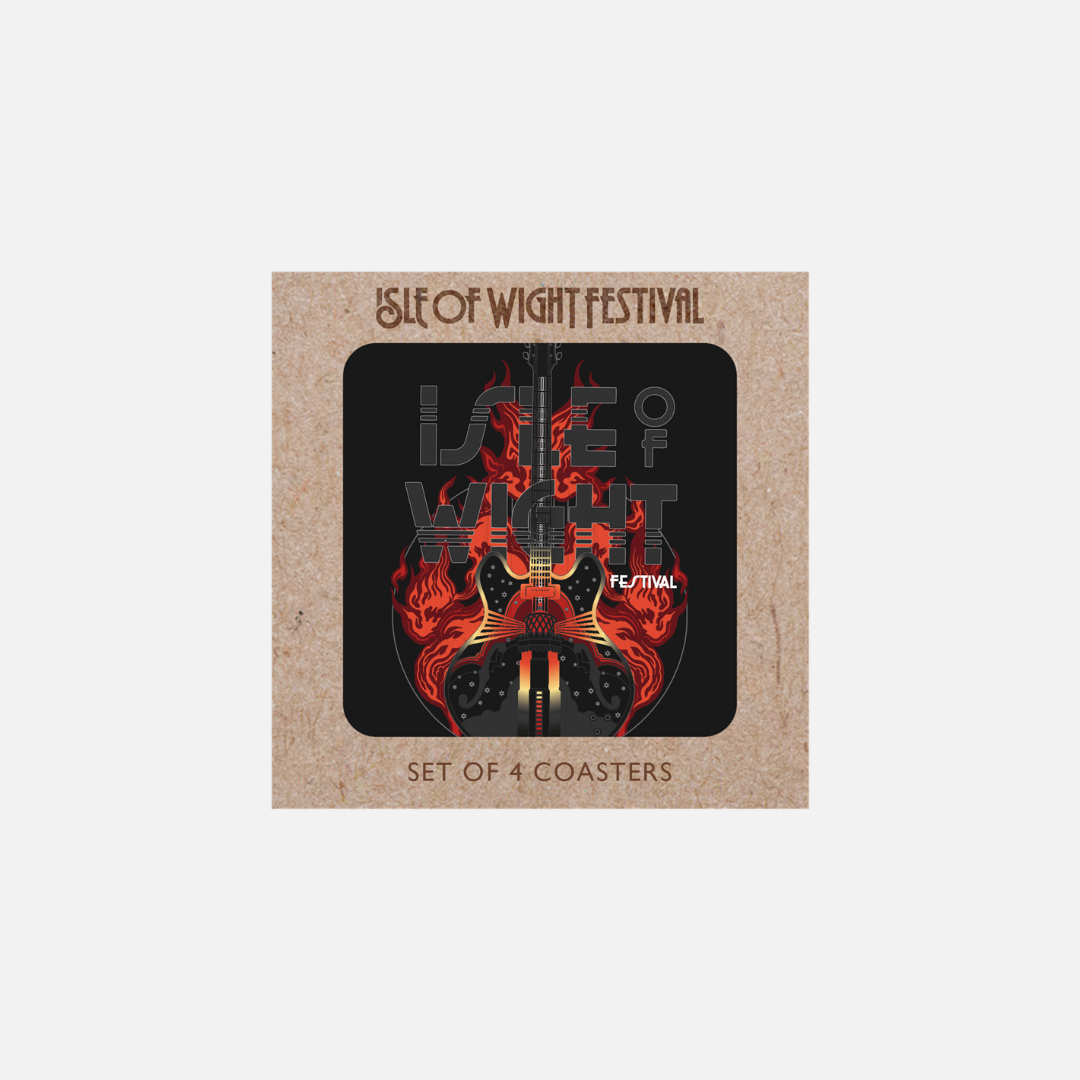 Isle of Wight Festival 2025 Coasters featuring a black electric guitar silhouette surrounded by orange flames, displayed in festival-themed packaging.